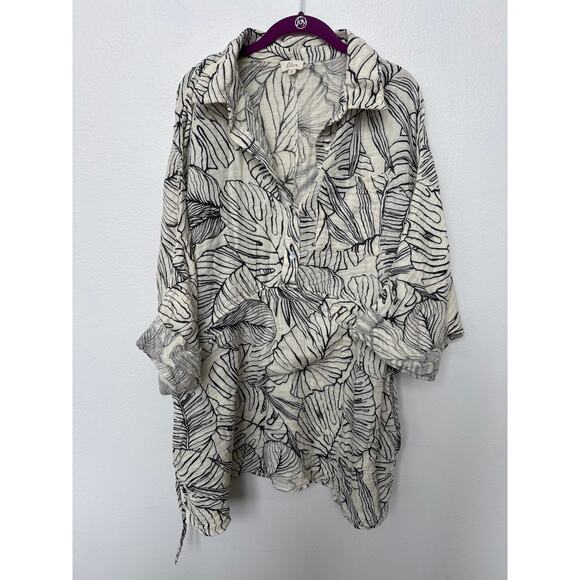 Elan Tropical Printed Cinched Long Sleeve Tunic Cotton Top Womens Medium - Picture 2 of 8